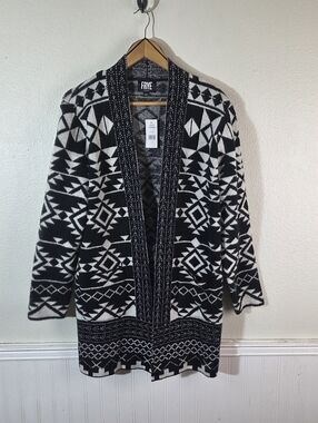 Frye Womens NWT Black White Aztec Cardigan Sweater Open Front Knit Size Large